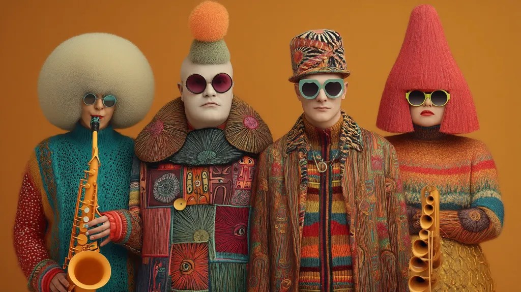 Four individuals in vibrant, textured clothing pose against a mustard-yellow backdrop.  Two women sport large, colorful wigs, one blonde and one red, and hold miniature saxophones.  The men, wearing intricately patterned coats and hats, complete the ensemble.  Their sunglasses add a pop of color, contributing to the overall whimsical and artistic aesthetic.