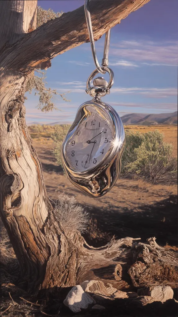 A surreal depiction of a melting pocket watch hangs from a weathered tree branch in a desolate landscape. The watch's silver casing drips like molten metal, contrasting with the arid, sun-baked earth and sparse desert vegetation. The scene evokes a sense of time's passage and the fragility of existence in a harsh environment. The detailed realism emphasizes the juxtaposition of the delicate watch and the rugged natural setting.