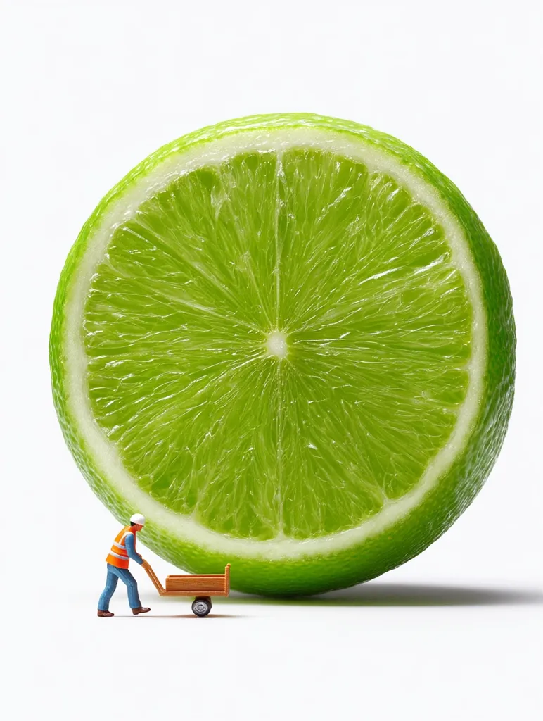 A miniature worker pushes a small wooden cart next to a giant lime slice. The lime dominates the frame, its vibrant green segments and juicy texture highlighted against a stark white background.  The scale emphasizes the lime's immense size compared to the tiny human figure, creating a humorous juxtaposition.