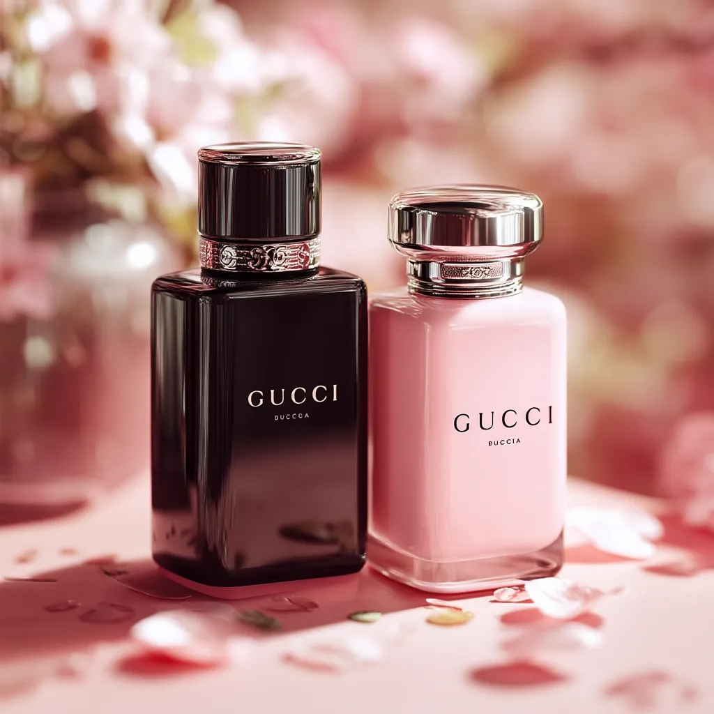 Two Gucci Bloom fragrances are displayed against a blurred background of pink blossoms.  A dark, rectangular bottle of Gucci Bloom and a lighter pink, similarly shaped bottle of Gucci Bloom are showcased.  Both bottles feature the Gucci logo and ornate metallic accents on their caps. The scene is elegant and suggestive of springtime.
