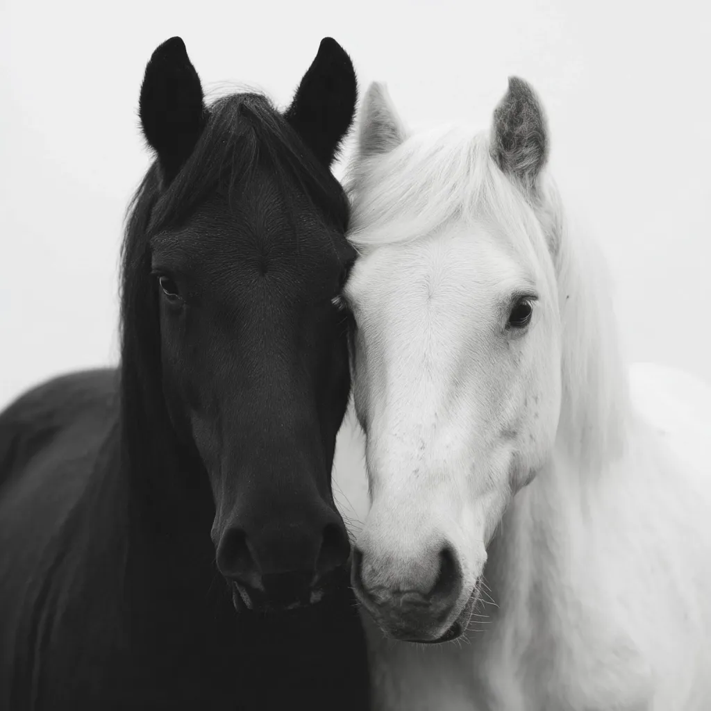 A black horse and a white horse stand side-by-side, their heads touching.  The monochrome image emphasizes the contrast between their coats.  The horses appear calm and peaceful, creating a striking visual of yin and yang. Their closeness suggests a bond of friendship or companionship. The background is a simple, light gray, drawing focus to the animals.