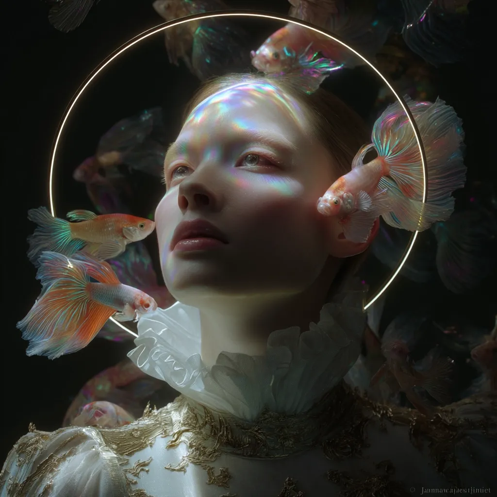 A woman with iridescent skin is surrounded by vibrant, translucent betta fish.  A golden halo encircles her head.  She wears an ornate, high-collared white garment with gold embroidery. The overall mood is ethereal and dreamlike, suggestive of a mystical or spiritual connection between the woman and the aquatic creatures. The dark background contrasts sharply with the luminous subjects.
