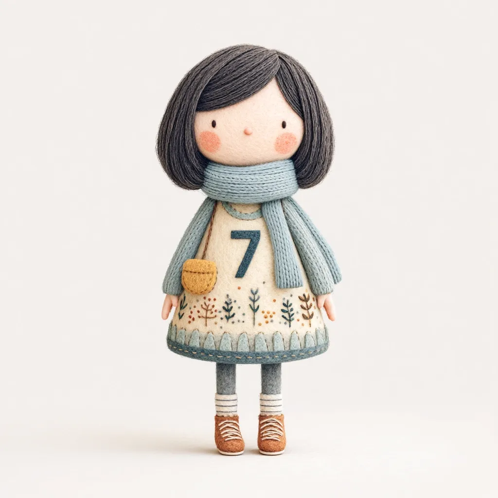 A charming felt doll, meticulously crafted, stands against a minimalist white backdrop.  She sports dark hair, a light blue scarf, and a cream-colored dress adorned with embroidered plants and the number seven.  Small brown shoes and a tiny mustard-yellow purse complete her endearing attire.  The doll's simple features and soft textures convey a sense of warmth and handmade charm.