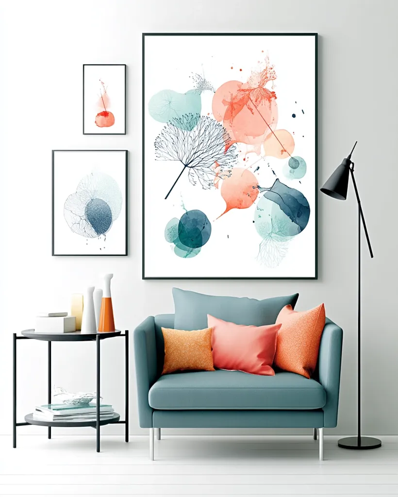 A teal armchair with coral and orange pillows sits before a white wall adorned with three abstract watercolor paintings. The largest features delicate, leaf-like forms and pastel-colored circles.  A black metal side table with a round top and lower shelf holds decorative objects and a book. A minimalist black floor lamp stands to the right.  The overall aesthetic is calm, modern, and sophisticated.