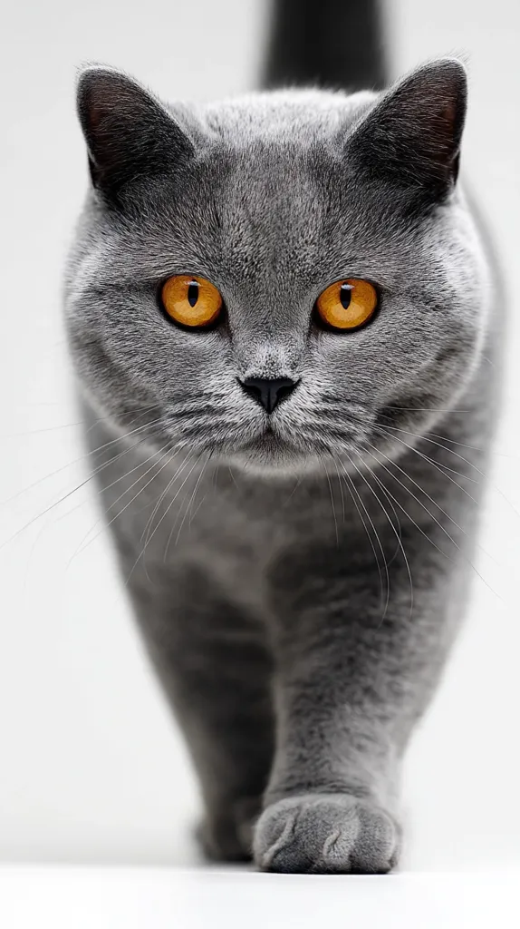 A gray British Shorthair cat with striking orange eyes walks towards the camera.  Its thick, plush fur is clearly visible, and its paws are large and rounded. The cat's expression is serious and intense, creating a captivating image. The background is a simple, blurred white, drawing all attention to the feline subject.