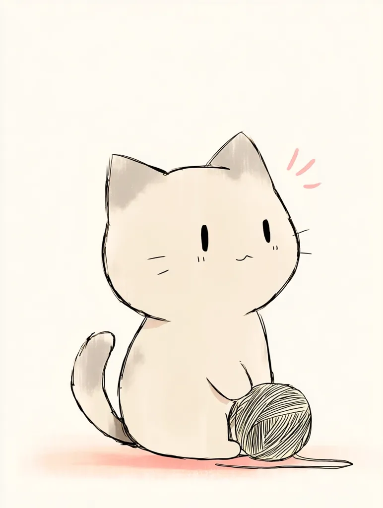 An adorable cartoon cat, light beige with grey markings on its ears and tail, sits attentively beside a ball of yarn.  Its large, expressive eyes and small mouth convey a sense of curiosity or playful mischief. The simple, delicate linework and soft color palette create a sweet and charming image. The cat appears to be watching the yarn with interest.