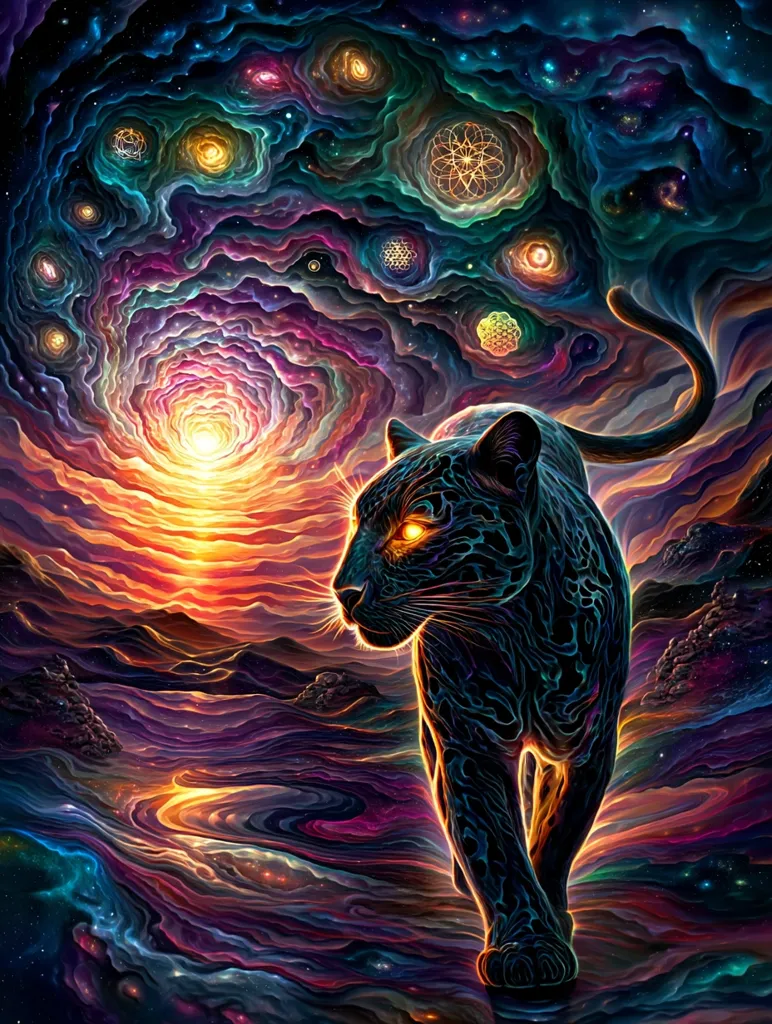 A majestic black panther strides across a surreal, vibrant landscape.  The background is a swirling nebula of cosmic colors, featuring glowing galaxies and geometric patterns.  A fiery sunset illuminates the scene, casting an ethereal glow on the panther. The image blends fantasy and cosmic elements, creating a mystical and captivating artwork.