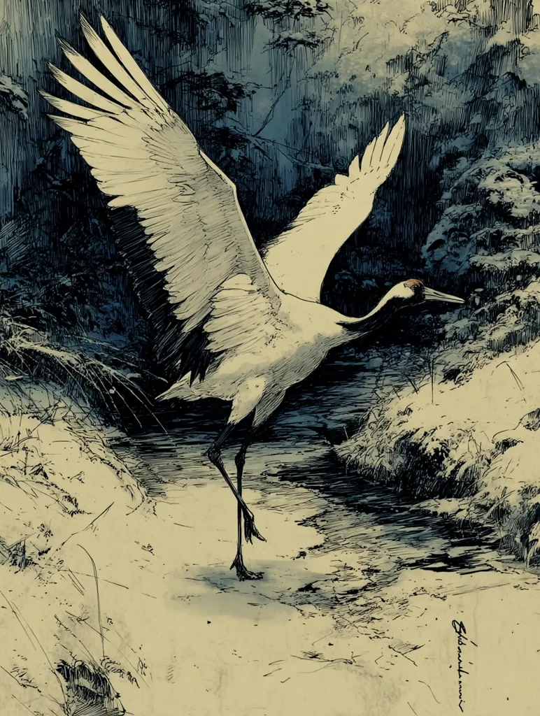 A detailed pen-and-ink drawing depicts a red-crowned crane in flight, landing gracefully near a tranquil stream. Its wings are outstretched, showcasing intricate feather details. The background features a dark, textured forest, contrasting with the lighter tones of the crane and the sandy bank. The style suggests a blend of realism and artistic interpretation, creating a serene yet powerful image.  The artist's signature is subtly placed in the bottom right corner.