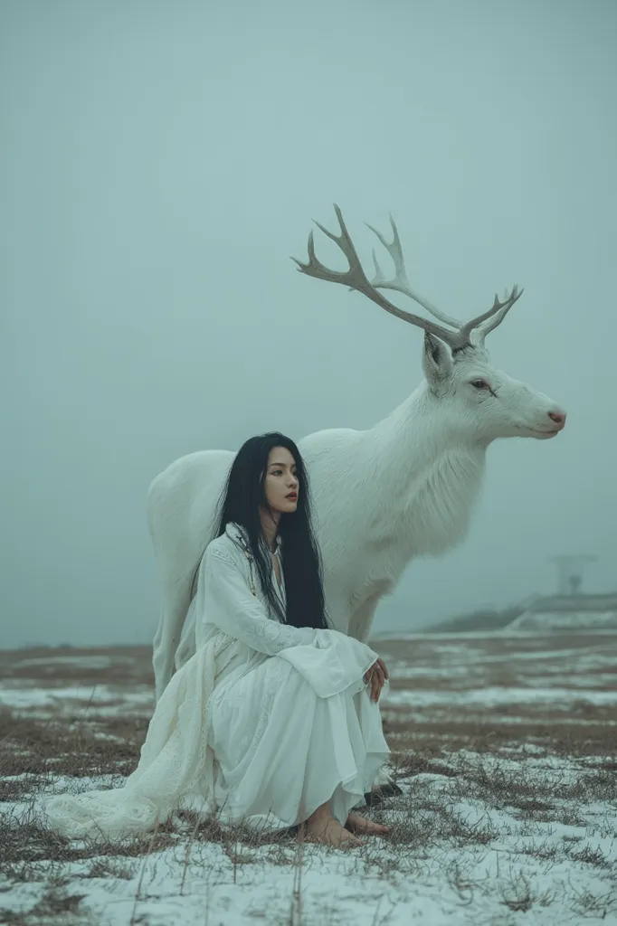 A young woman with long black hair, wearing a flowing white dress, sits barefoot in a snowy field beside a majestic white deer with large antlers.  The scene is muted in tone, with a hazy, ethereal atmosphere. The woman and the deer share a serene moment, creating a mystical and captivating image.  The overall feeling is one of quiet solitude and otherworldly beauty.