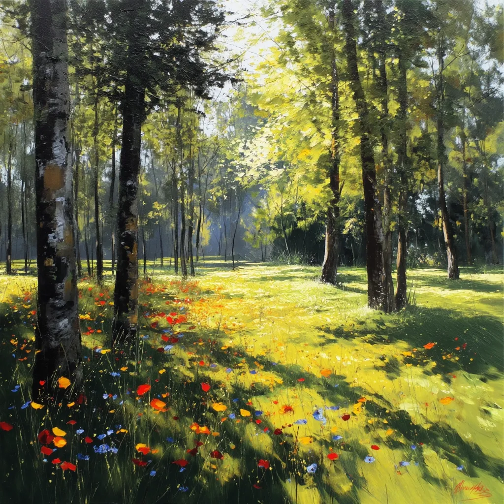 A sun-drenched forest clearing is awash in vibrant wildflowers. Red, orange, yellow, and blue blossoms scatter across the verdant grass, their colors intensified by the dappled sunlight filtering through the trees.  Tall, slender trees form a natural frame, their shadows stretching across the meadow, adding depth and contrast to the scene. The overall impression is one of peaceful serenity and the beauty of a summer's day.