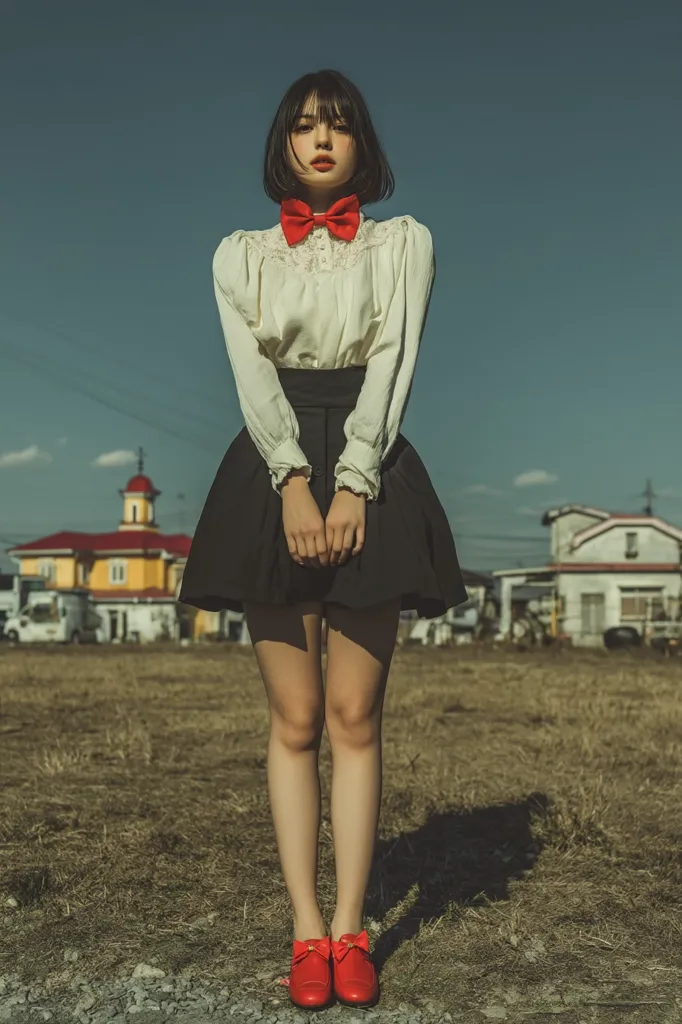 A young woman with short black hair stands in a field, wearing a cream-colored blouse with a red bow tie, a black pleated skirt, and red shoes.  Her expression is serious, and she stands with her hands clasped in front of her.  The background features a blurred-out landscape with small buildings. The overall style is vintage and slightly melancholic.