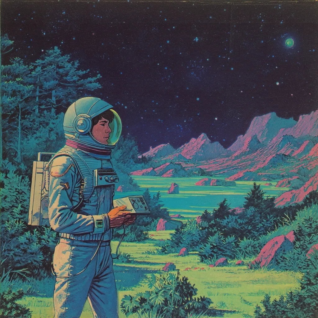 A retro-futuristic illustration depicts an astronaut in a light blue spacesuit, standing amidst an alien landscape under a starry night sky.  The astronaut holds a device, seemingly examining the surreal environment.  Purple and teal hues dominate the alien landscape, which features unusual rock formations, lush vegetation, and a tranquil body of water.  The overall aesthetic is reminiscent of 1970s science fiction art.