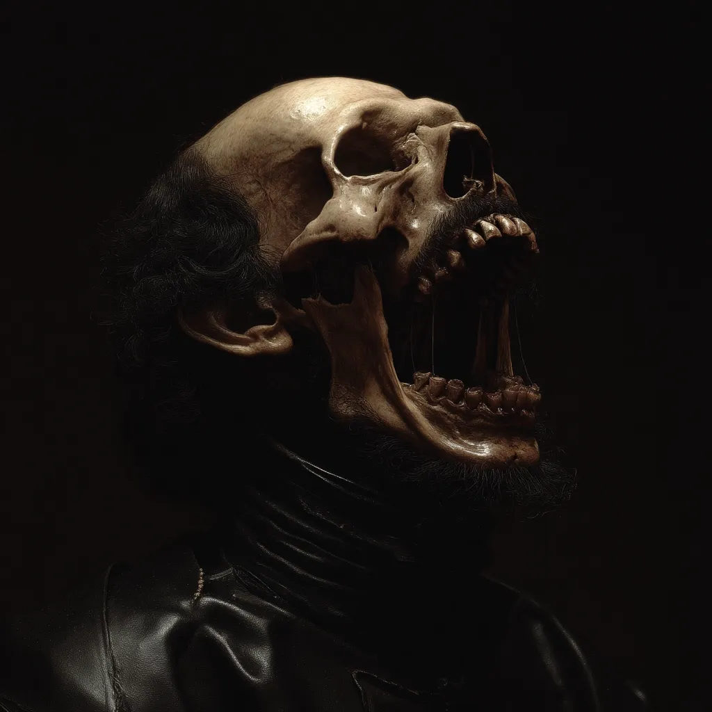 A dramatic close-up reveals a skull-like figure, its jaw agape in a silent scream.  The skull, seemingly human, is detailed, showing teeth and remnants of what appears to be dark hair and beard.  The figure is clad in dark, possibly leather, clothing that accentuates the skeletal features and creates a grim, macabre atmosphere.  The lighting emphasizes the texture and emphasizes the skull's unsettling detail.