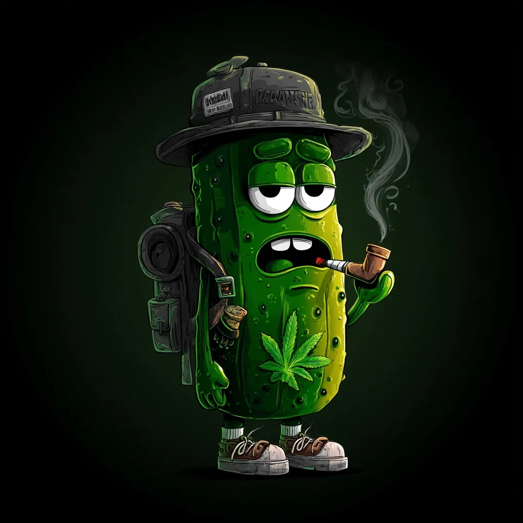 A cartoon pickle, anthropomorphized with a relaxed expression, sports a hat and backpack.  He casually holds a smoking pipe, with marijuana leaf imagery prominently displayed on his body.  The dark green background enhances the pickle's vibrant color and overall stoner aesthetic.  The style is digitally rendered, featuring bold outlines and shading.