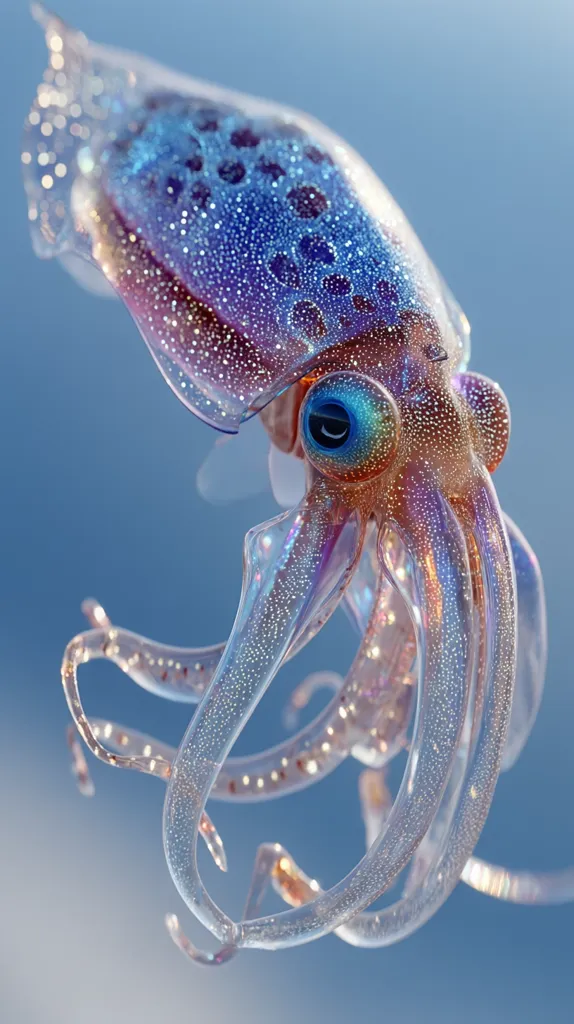 A translucent squid, seemingly made of glass, floats against a soft blue background.  Its body shimmers with iridescent colors and tiny sparkling particles.  The squid's eye is a vibrant blue, contrasting with the delicate, almost ethereal, quality of its body.  Its tentacles gracefully curl and extend, capturing the light with a magical luminescence.