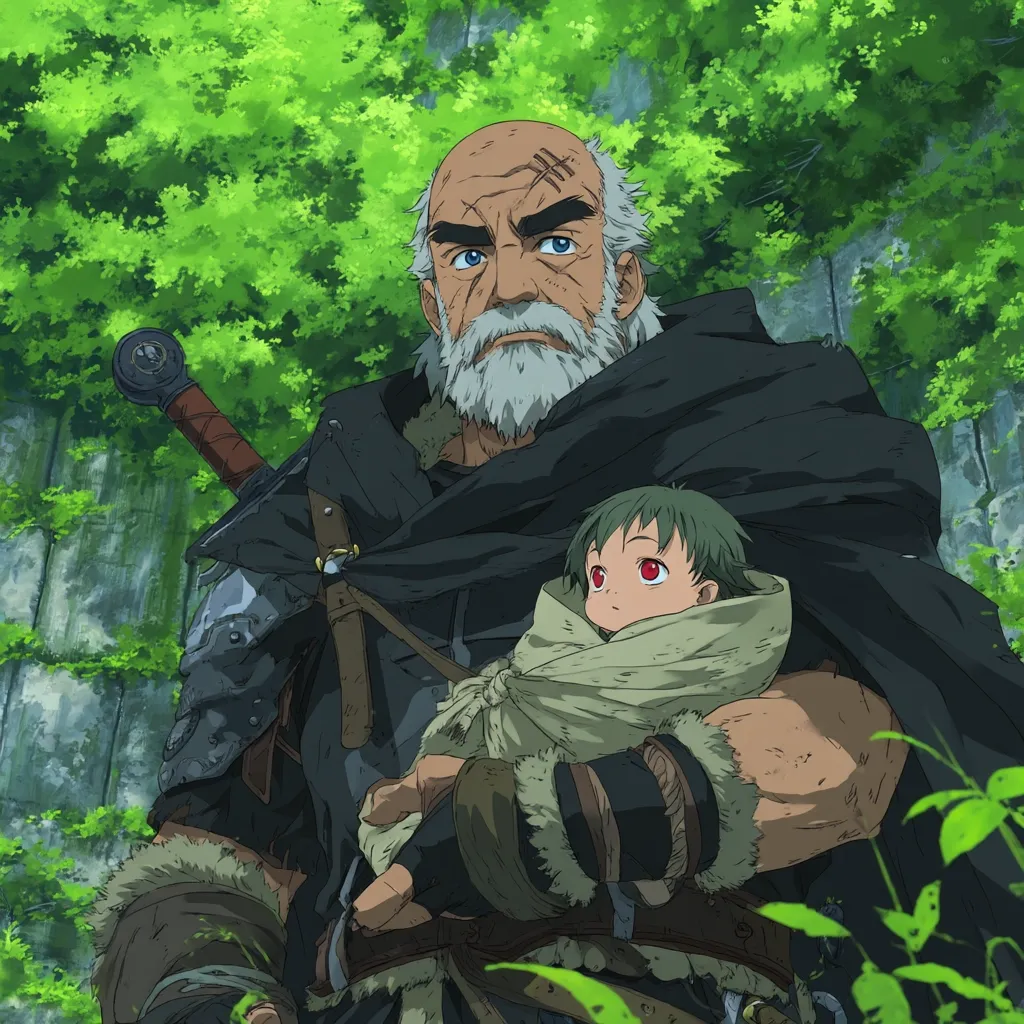A weathered, grizzled warrior, his face etched with age and battle scars, cradles a young child wrapped in a simple cloth.  He wears dark, heavy clothing and carries a large sword at his hip. The setting is a lush, green forest, suggesting a journey or a moment of quiet amidst conflict. The contrast between the old warrior and the innocent child creates a powerful visual narrative.