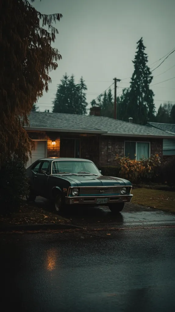 A dark green classic Chevrolet Nova SS is parked in a driveway on a rainy day.  The car is wet, reflecting the overcast sky. The house is a single-story brick home with a dark roof, nestled amongst tall evergreen trees. The overall atmosphere is moody and nostalgic. The scene is dimly lit, highlighting the vintage vehicle and the quiet suburban setting.
