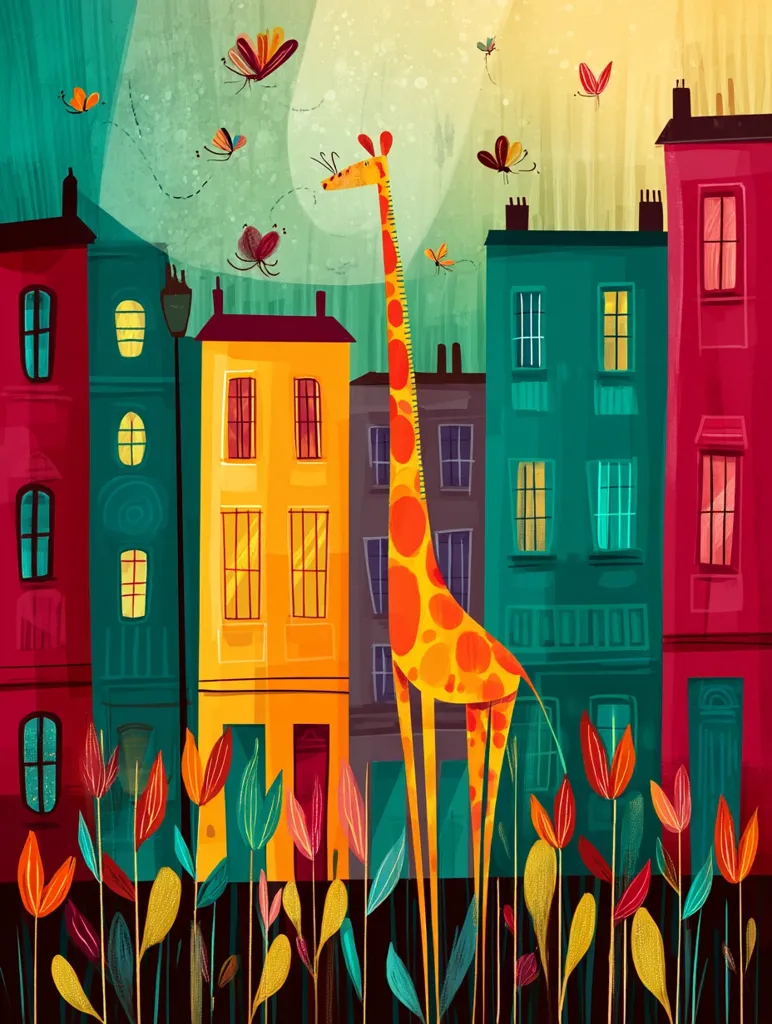A vibrant illustration depicts a tall giraffe standing amidst a row of colorful, stylized buildings.  Butterflies flutter in the sky above.  The scene is brimming with bright hues of red, yellow, teal, and orange, set against a backdrop of dark green and earthy tones. Lush, stylized foliage grows at the base of the buildings, adding to the whimsical, dreamlike quality of the artwork.