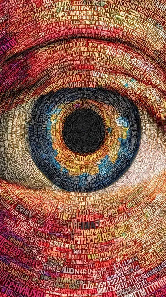 A close-up image reveals a stylized eye composed entirely of densely packed, multicolored text. The text swirls in concentric circles, mimicking the iris and pupil. The color palette ranges from deep reds and oranges to blues and yellows, creating a vibrant and intricate design. The effect is both abstract and visually arresting, suggesting a complex underlying structure. The typography is varied, adding to the texture and depth of the image.