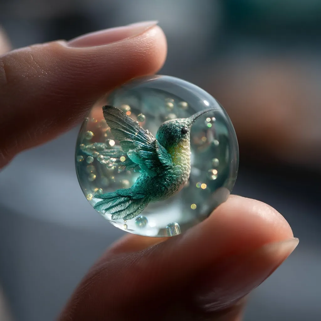 A hand gently cradles a clear glass sphere containing a meticulously crafted hummingbird.  The tiny bird, rendered in exquisite detail with teal and green hues, appears suspended within the orb, surrounded by shimmering, golden particles.  The contrast between the smooth glass and the intricate bird creates a captivating, delicate scene.
