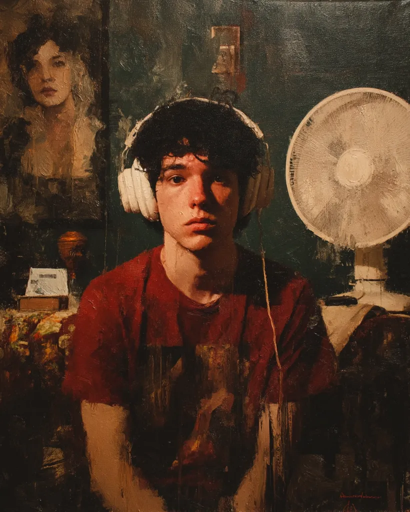 A young man with dark, curly hair sits wearing white headphones and a maroon t-shirt.  The painting employs a dark, moody palette. He is positioned before a standing fan and a portrait of a woman hangs on the wall behind him. The style is realistic, with visible brushstrokes creating texture and depth.  The overall atmosphere is introspective and slightly melancholic.