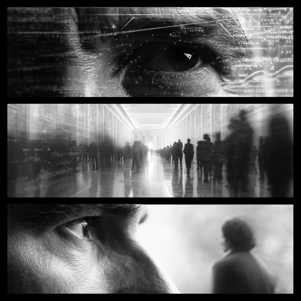 A tripartite black and white image explores themes of surveillance and anonymity.  The top panel shows a close-up eye overlaid with digital data, suggesting technological monitoring. The middle panel depicts a blurred crowd in a long hallway, emphasizing the individual's loss within a mass. The bottom panel presents a close-up of another eye and a distant, indistinct figure, enhancing the sense of observation and isolation. The overall effect is a powerful visual commentary on privacy and societal observation.