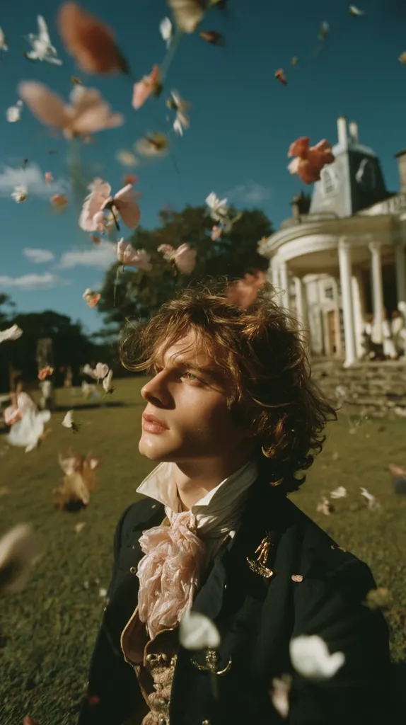 A young man with curly brown hair, wearing a dark jacket and a pale pink cravat, stands in a sun-drenched garden.  Petals of delicate pink and white flowers fall around him, creating a whimsical, romantic atmosphere. A classical-style building is visible in the background. The scene evokes a sense of timeless elegance and ethereal beauty.
