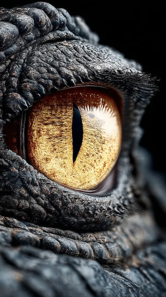 A close-up reveals the intricate details of a crocodile's eye.  The golden iris, with its vertical slit pupil, contrasts sharply with the dark, textured skin surrounding it.  The image highlights the reptile's rough, scaly hide and the fine details of its eye's structure, creating a dramatic and powerful visual. The dark background isolates the eye, emphasizing its intensity.