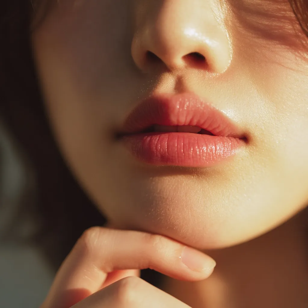 Close-up of a woman's face, bathed in warm sunlight.  Her soft, peach-toned lips are slightly parted, and her hand gently rests on her chin. The image focuses on the delicate details of her skin and the natural light illuminating her features, creating a serene and beautiful portrait.