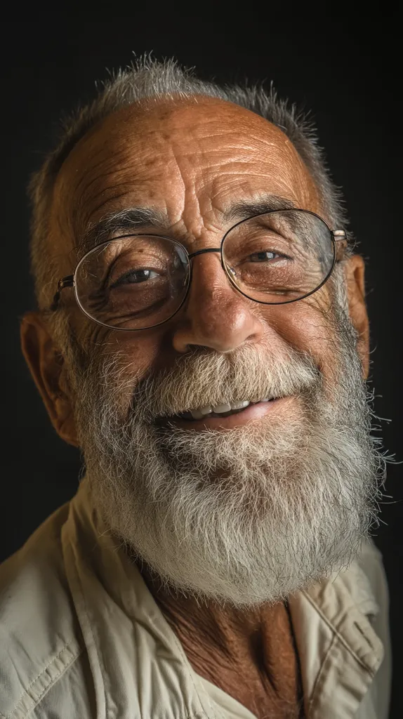 Close-up portrait of an elderly man with a long, white beard and glasses.  His face is lined with wrinkles, showcasing the passage of time. He wears a light-colored, collared shirt.  A warm, gentle smile graces his lips, conveying a sense of kindness and wisdom. The dark background emphasizes his features. The image has a candid, intimate feel.