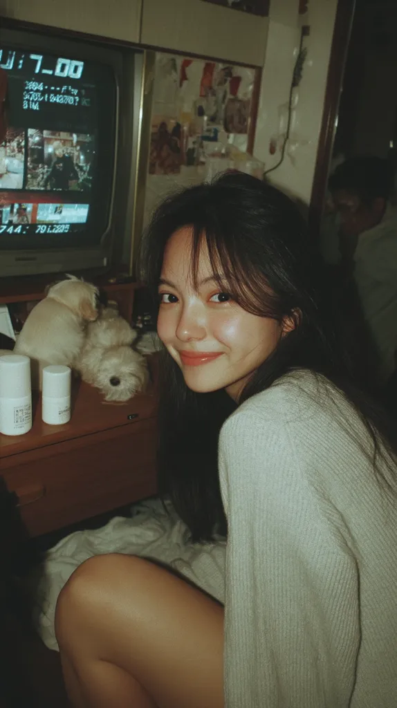 A young woman with long dark hair smiles gently. She's wearing a light gray sweater and sits on the floor, partially obscured by a blanket. Two small fluffy white dogs are nestled on a nearby dresser.  A vintage television displays a time and some video footage in the background, adding a nostalgic feel to the dimly lit room. The overall mood is calm and intimate.