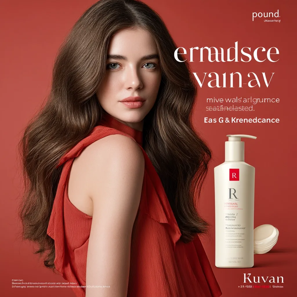 A woman with long, wavy brown hair wears a coral-colored sleeveless dress.  She's featured in an advertisement for Kuvan's ermadsce vain-av hair care product, described as giving hair shine and strength.  A bottle of the product and a smaller container are shown beside her.  The background is a solid red.