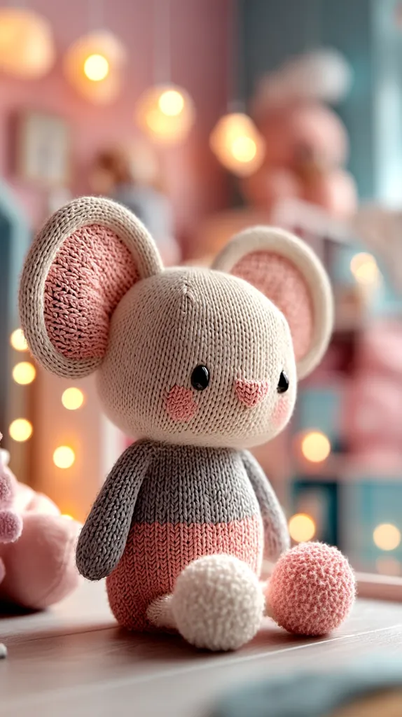 A charming hand-knitted mouse toy sits on a table.  Its body is a blend of grey and pink yarn, with large pink ears and small, dark eyes.  The mouse has a sweet expression and fluffy, textured yarn.  The background is blurred, featuring warm, soft lighting and hints of other toys, creating a cozy, nursery-like atmosphere.