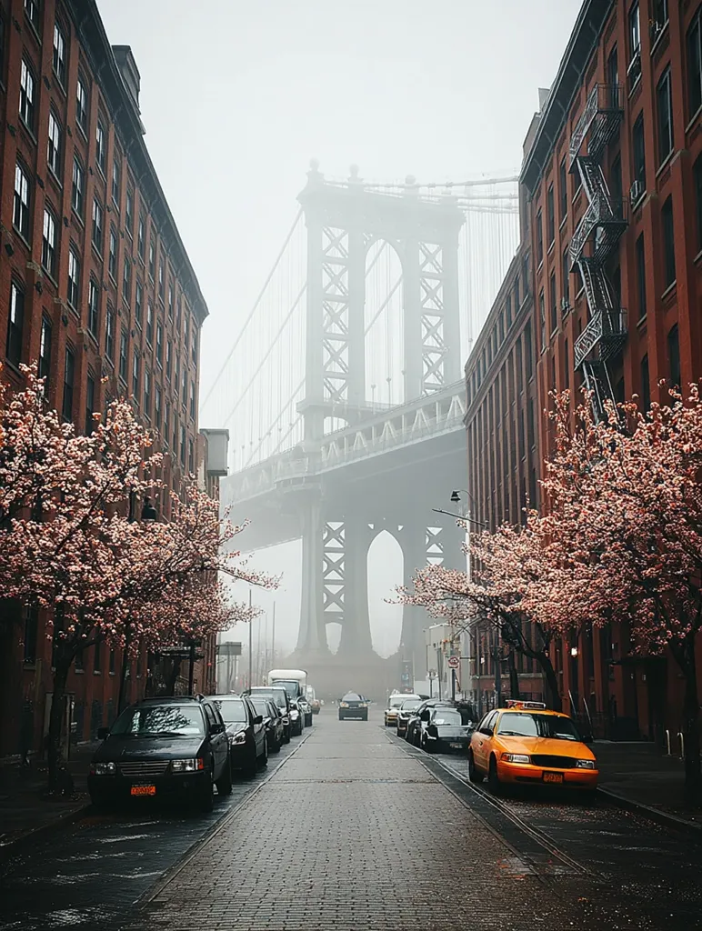 A misty cityscape reveals a picturesque street scene in New York City.  Brick buildings line a cobblestone street, flanked by blossoming trees.  In the distance, the Manhattan Bridge looms, shrouded in fog, creating a dramatic and atmospheric backdrop.  Cars are parked along the sides of the road, with a yellow taxi cab prominently featured. The overall mood is serene and slightly mysterious.
