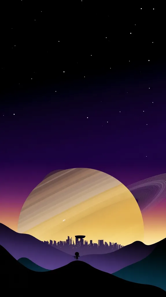 A stylized illustration depicts a cityscape silhouetted against a massive, ringed planet dominating the horizon.  The sky is a gradient of deep purple and dark pink, speckled with stars. A small, solitary figure stands on a hill overlooking the scene, creating a sense of scale and isolation. The overall aesthetic is minimalist and evocative, suggesting a futuristic or alien landscape.