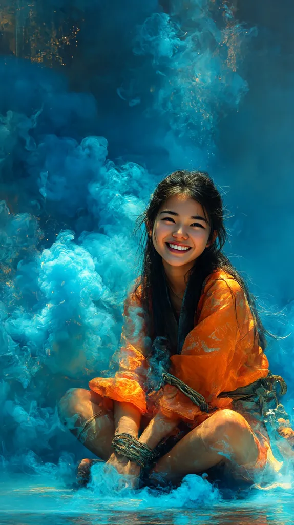 A young woman with long dark hair sits cross-legged, smiling serenely. She wears a vibrant orange robe and her wrists are bound with dark rope.  Surrounding her is a swirling cloud of bright teal smoke, creating a dramatic and ethereal atmosphere. The contrast between the warm orange of her clothing and the cool blue smoke is striking.  Her expression is one of peaceful defiance.