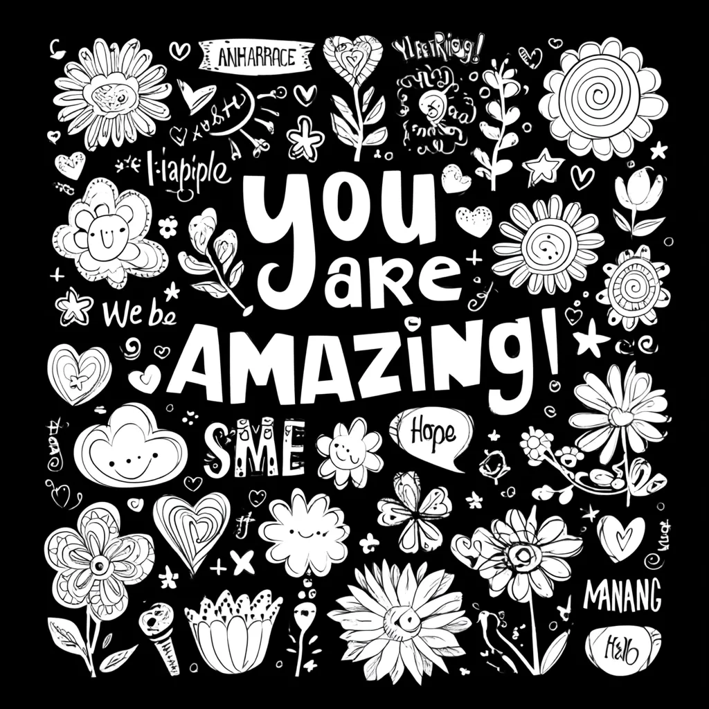 A black background features a white design with the phrase "You are AMAZING!" in large, bold letters.  Surrounding the text are numerous hand-drawn flowers, hearts, stars, and other doodles, all in white. Smaller words like "Hope," "Smile," and  "We be" are interspersed amongst the artwork, creating a positive and uplifting visual.  The overall style is whimsical and childlike.