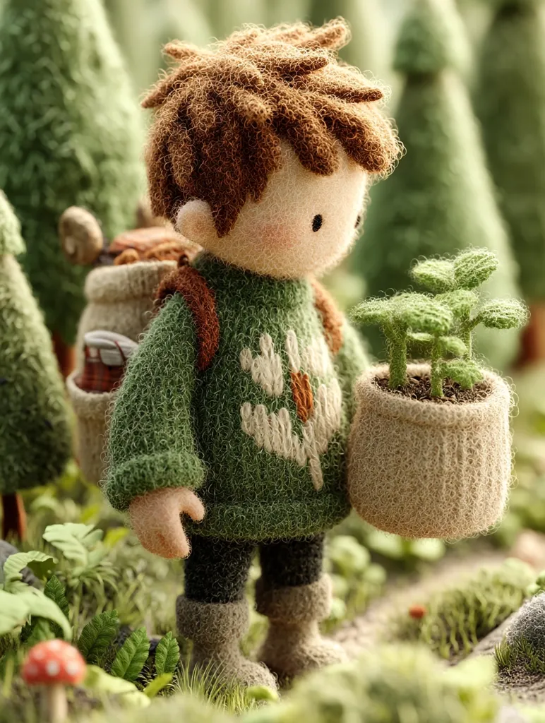 A charming, felted doll, resembling a young boy, carries a small potted plant.  He wears a green sweater with a floral design and brown boots, and a backpack filled with various items. The setting is a lush forest path, suggesting a journey or a nature-loving adventure. The soft textures and warm tones create a whimsical and endearing image.