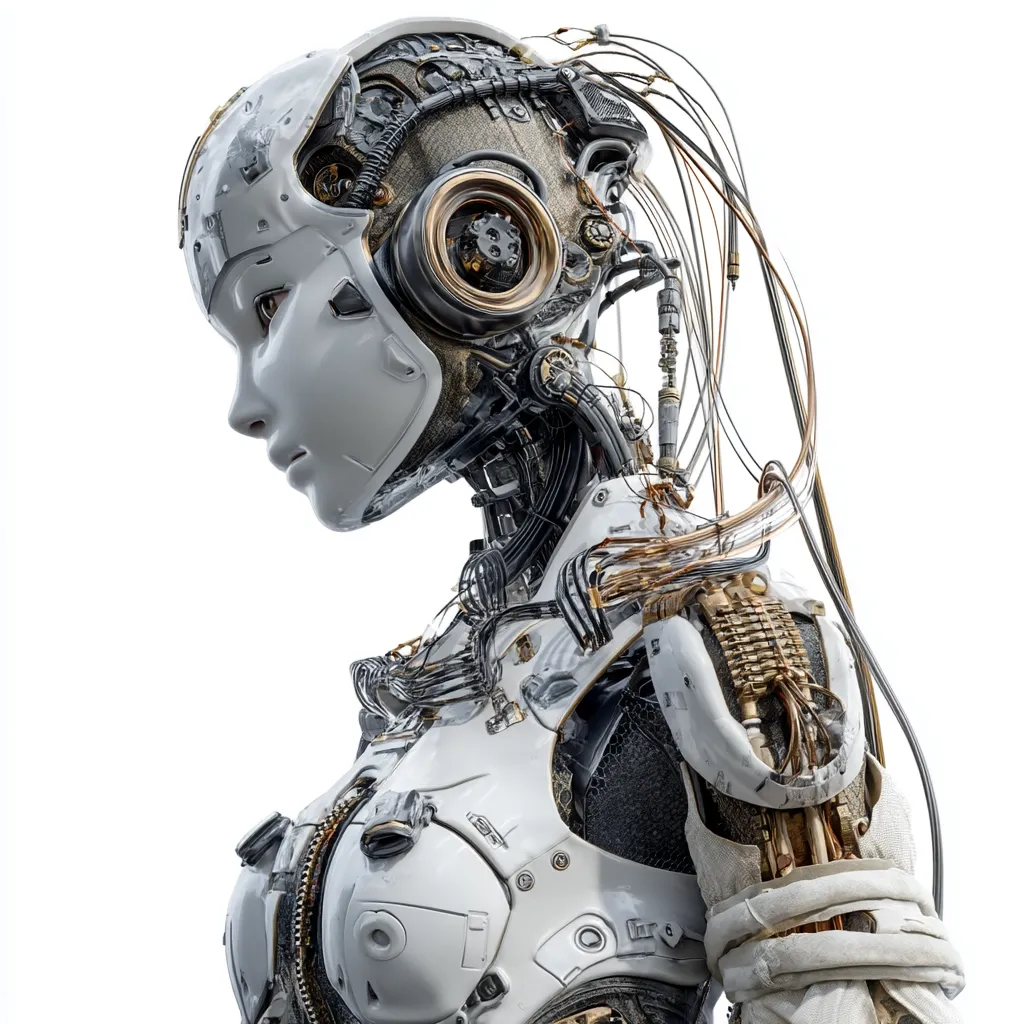 A detailed close-up reveals a female android, its design a blend of sleek white panels and exposed, intricate mechanics in shades of gold and black.  Visible wires and tubing snake across its body, connecting to a partially transparent head, showcasing internal mechanisms. The android's expression is serene, its pose suggesting a moment of quiet contemplation.  The image evokes a futuristic, almost steampunk aesthetic.