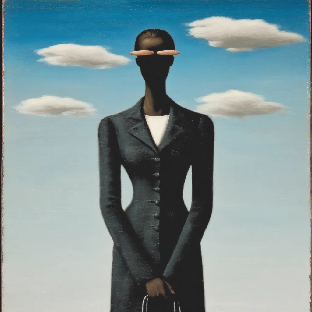 A stylized portrait of a dark-skinned woman in a dark coat and light-colored shirt, standing against a serene blue sky dotted with fluffy white clouds.  She wears unusual, light-orange sunglasses, obscuring her eyes and most of her face.  Her hands are clasped in front of her, holding what appears to be a dark handbag. The overall style is reminiscent of Surrealism.