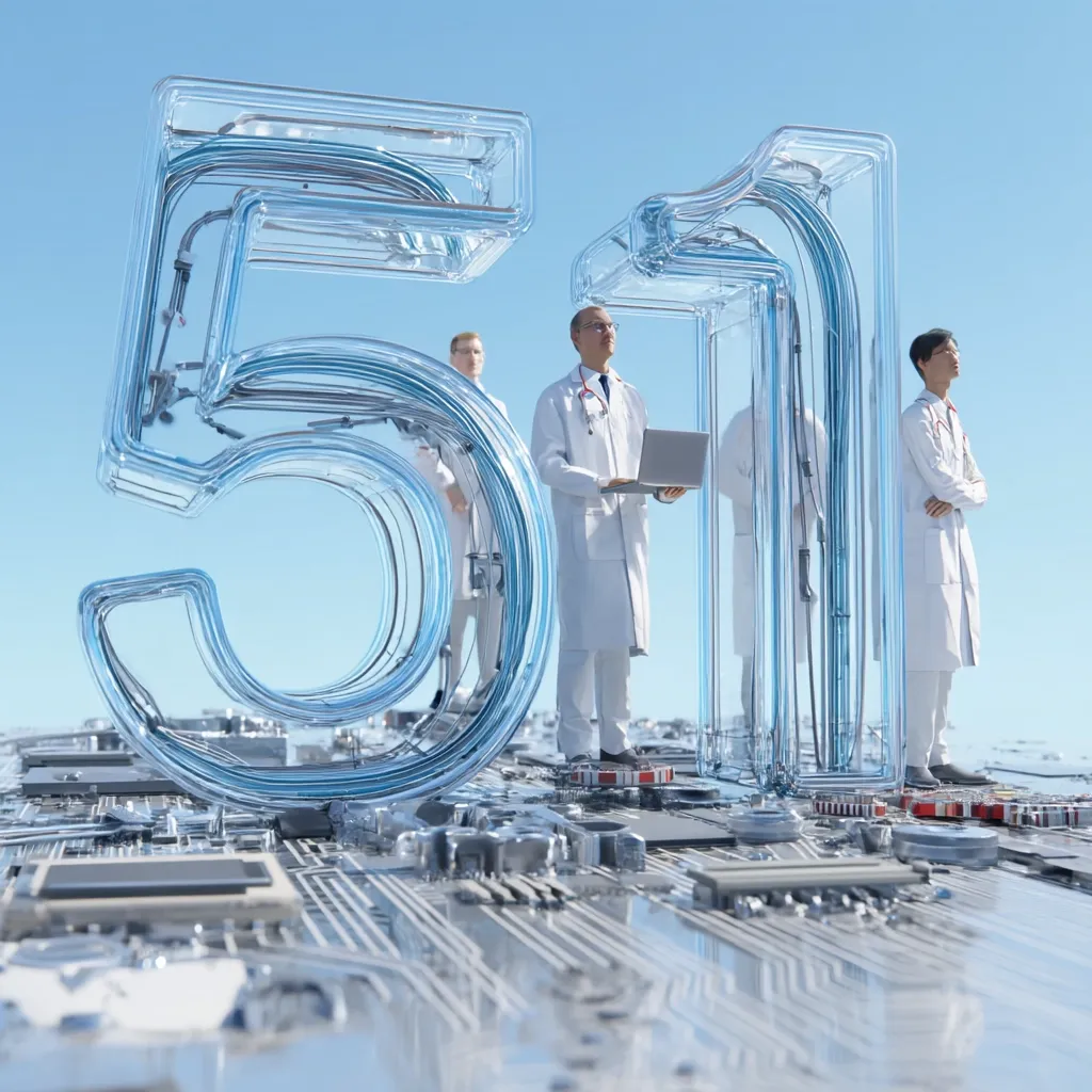 Three doctors in white coats stand before a large, translucent, three-dimensional number "51" which rests on a circuit board.  The number's design incorporates internal wiring, suggesting technological integration. The doctors, one holding a laptop, appear thoughtful and possibly contemplating advancements in medical technology, symbolized by the "51" and the circuit board beneath them. The scene is set against a bright blue sky.