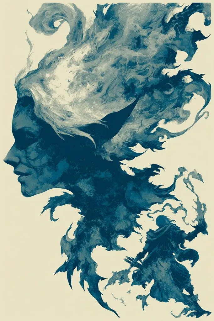An abstract watercolor-style artwork depicts a profile of an elven woman, her face partially obscured by swirling, dark blue and teal paint that resembles smoke or flowing hair.  A smaller, darker figure, possibly a hooded man wielding a staff, is partially visible near the bottom, seemingly emerging from or enveloped by the woman's form. The overall effect is ethereal and somewhat melancholic. The background is a pale, creamy beige.