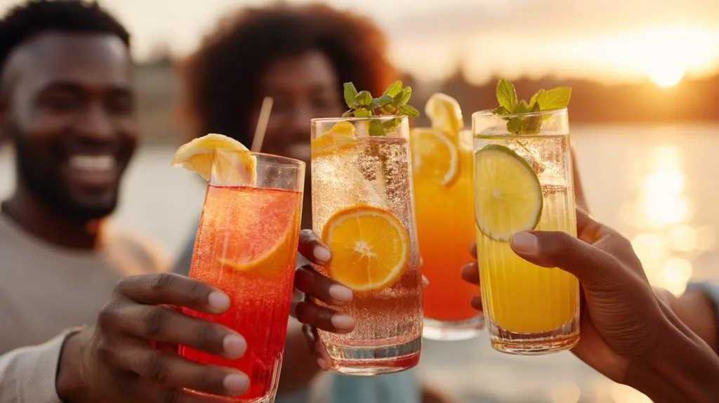 Four friends raise their colorful cocktails in a celebratory toast at sunset.  The drinks feature vibrant oranges, limes, and a sprig of mint, garnishing tall glasses filled with bubbly beverages.  The background is softly focused, highlighting the cheerful group enjoying their drinks by a body of water. The scene conveys a feeling of summer fun and friendship.