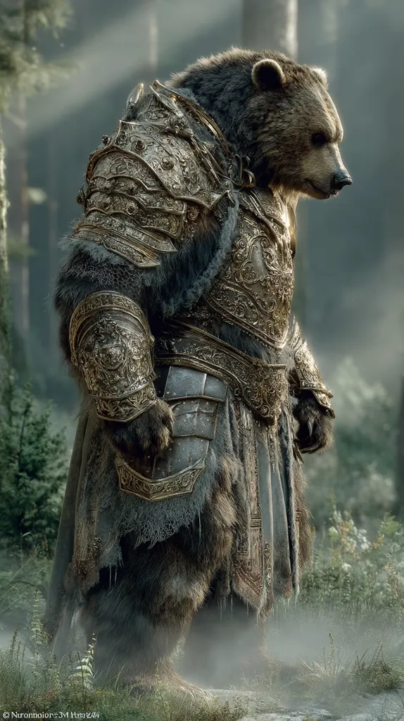 A majestic brown bear, clad in ornate, gold-detailed armor, stands in a misty forest.  The armor is intricately designed, covering much of its body, yet still showcasing the bear's powerful frame and thick fur. The scene is evocative of fantasy, suggesting a powerful guardian or warrior of the woods. The soft light and atmospheric fog create a mystical ambiance.