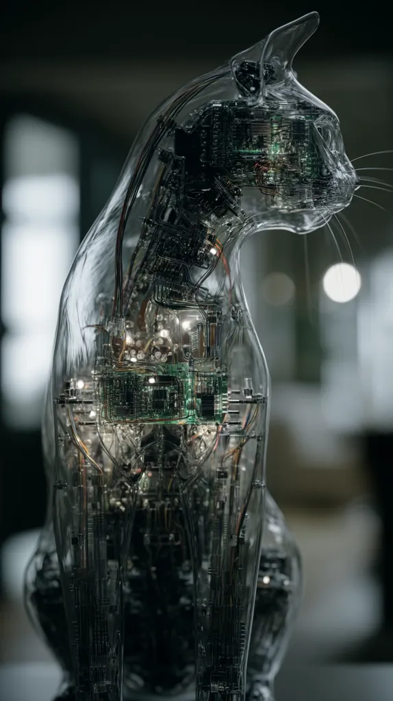 A transparent robotic cat sits, its internal circuitry and mechanics visible.  The glowing green circuit board is central, surrounded by intricate wiring. The cat's form is sleek and elegant, juxtaposing its technological innards.  The blurred background suggests an indoor setting, highlighting the robot's detailed construction. The image evokes a sense of futuristic technology and bio-mechanical design.