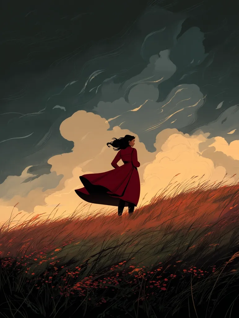 A lone woman in a flowing red coat stands in a field of tall grass under a dramatic sky.  The wind whips her hair and coat, creating a sense of movement and solitude. The stormy clouds above contrast with the warm tones of the setting sun, casting a melancholic yet beautiful atmosphere.  The scene evokes feelings of contemplation and introspection.