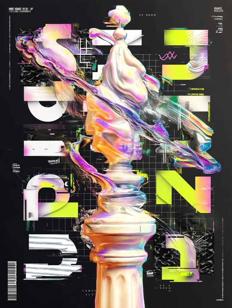 A vibrant, abstract artwork features a central, iridescent, chess piece-like structure.  Surrounding it are bold, neon-colored geometric shapes and glitch-effect text, creating a dynamic and visually striking composition. The artwork blends elements of digital art and graphic design, resulting in a high-energy, modern aesthetic.  The color palette is rich, employing contrasting hues of neon yellow, pink, and a cool, metallic white on a black background.