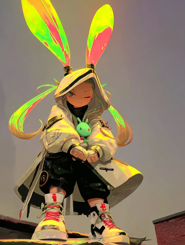 A stylized anime-esque character, possibly female, is depicted. She has vibrant, iridescent bunny ears and long hair, wearing a white hooded jacket and dark pants. Her footwear is striking high-top sneakers with red laces.  She sits, holding a small, light-green creature, with a confident and slightly mischievous expression. The overall style is colorful and dynamic, possibly from digital art or illustration. The background suggests an urban setting.