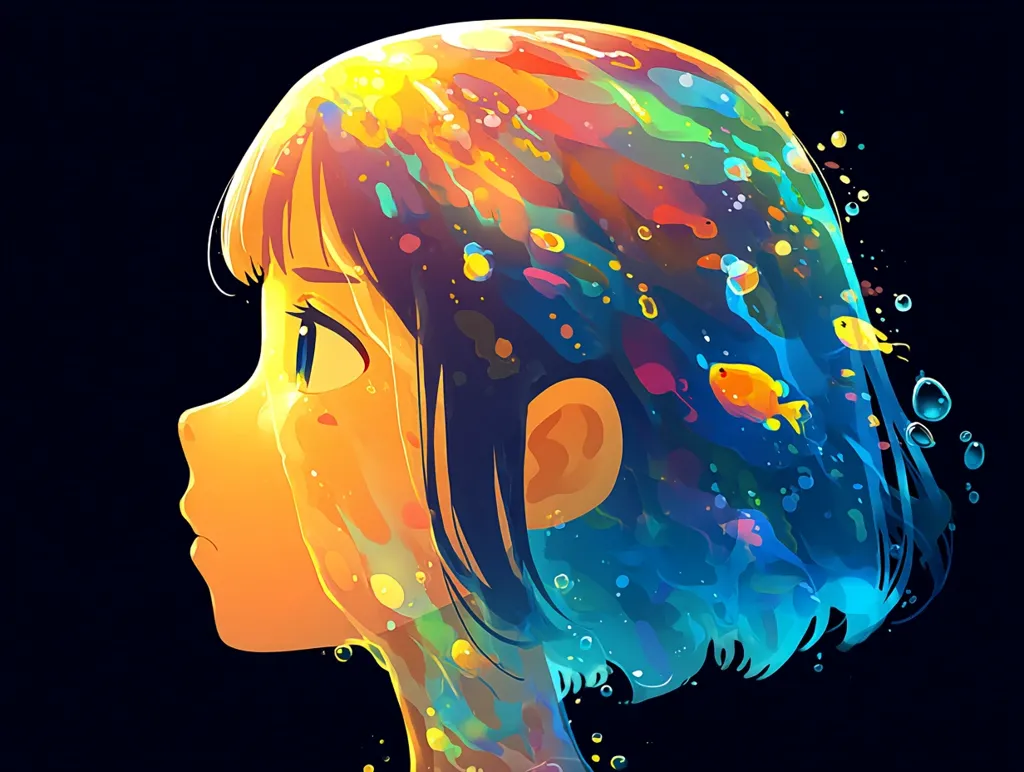 A vibrant digital painting depicts the profile of a girl's head, her short dark hair seemingly transformed into flowing water.  Colorful fish swim within this aquatic hair, surrounded by bubbles.  The overall effect is surreal and dreamlike, with a warm, glowing light emanating from the girl's face and hair. The background is a stark black, highlighting the colorful spectacle of the girl's head.