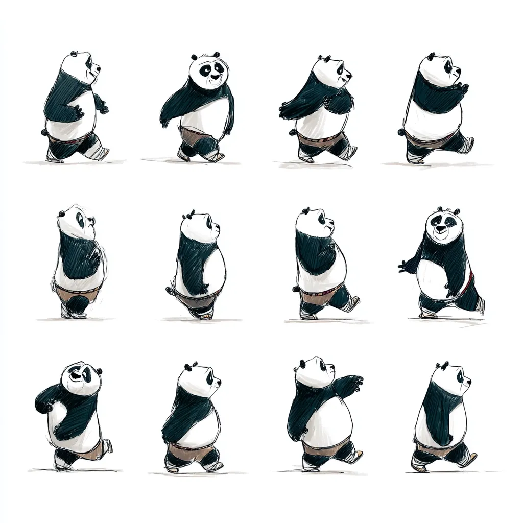 Twelve sketched illustrations depict a panda in various walking poses.  Each panda is drawn in a similar style, with a slightly chubby build and wearing simple wrappings.  The poses showcase different stages of a walking cycle, offering a dynamic view of the character's movement.  The sketches are rendered in grayscale with subtle shading, suggesting a quick, expressive style.